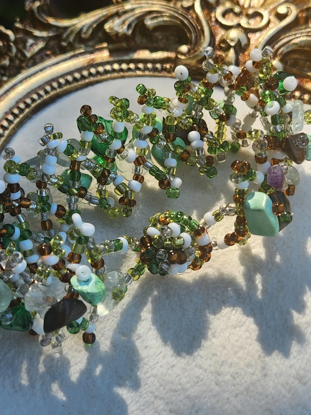 VTG Artisan Handmade Beaded Cluster Cuff Bracelet Earthy Green Stone Chip Boho